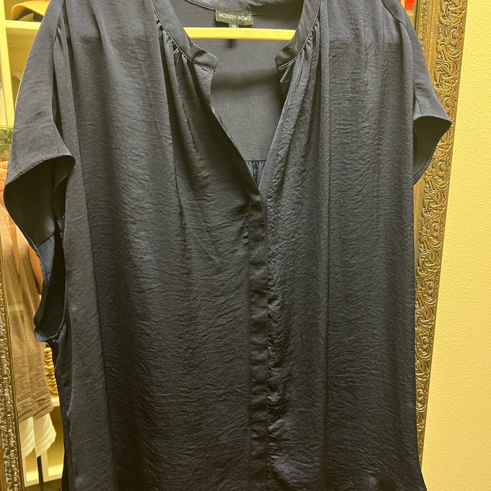 Navy Button Down Blouse with Mandarin Collar